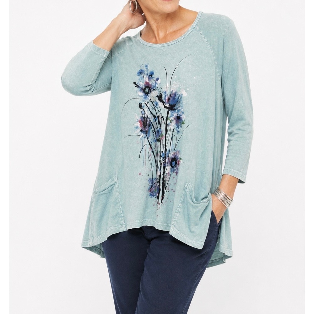 Jess & Jane Women Sage Green Mineral Wash Floral Slub Tunic Top M12-000 Medium